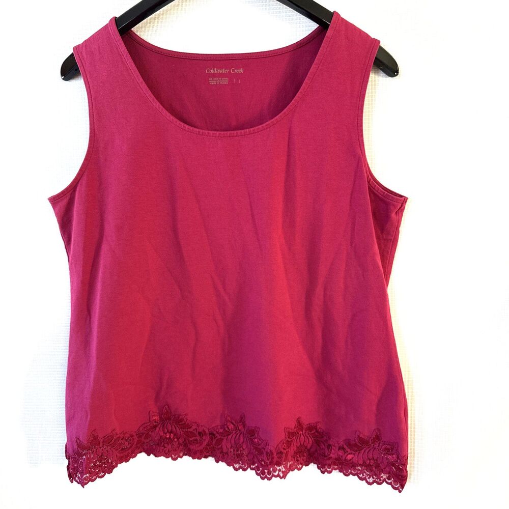 Coldwater Creek Womens Tank Top Lace Hem Pink - L - Bohemian flair